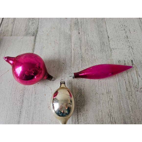 Antique silver pink mercury glass ornament teardrop set Xmas tree - Picture 1 of 16